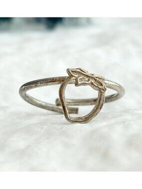 Minimalist Apple Figural Shaped Silver Toned Adjustable 925 Vintage Ring sz 4.5
